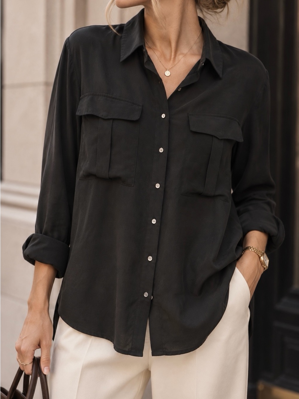 H&M Black Button-Down Shirt with Chest Pockets - Women